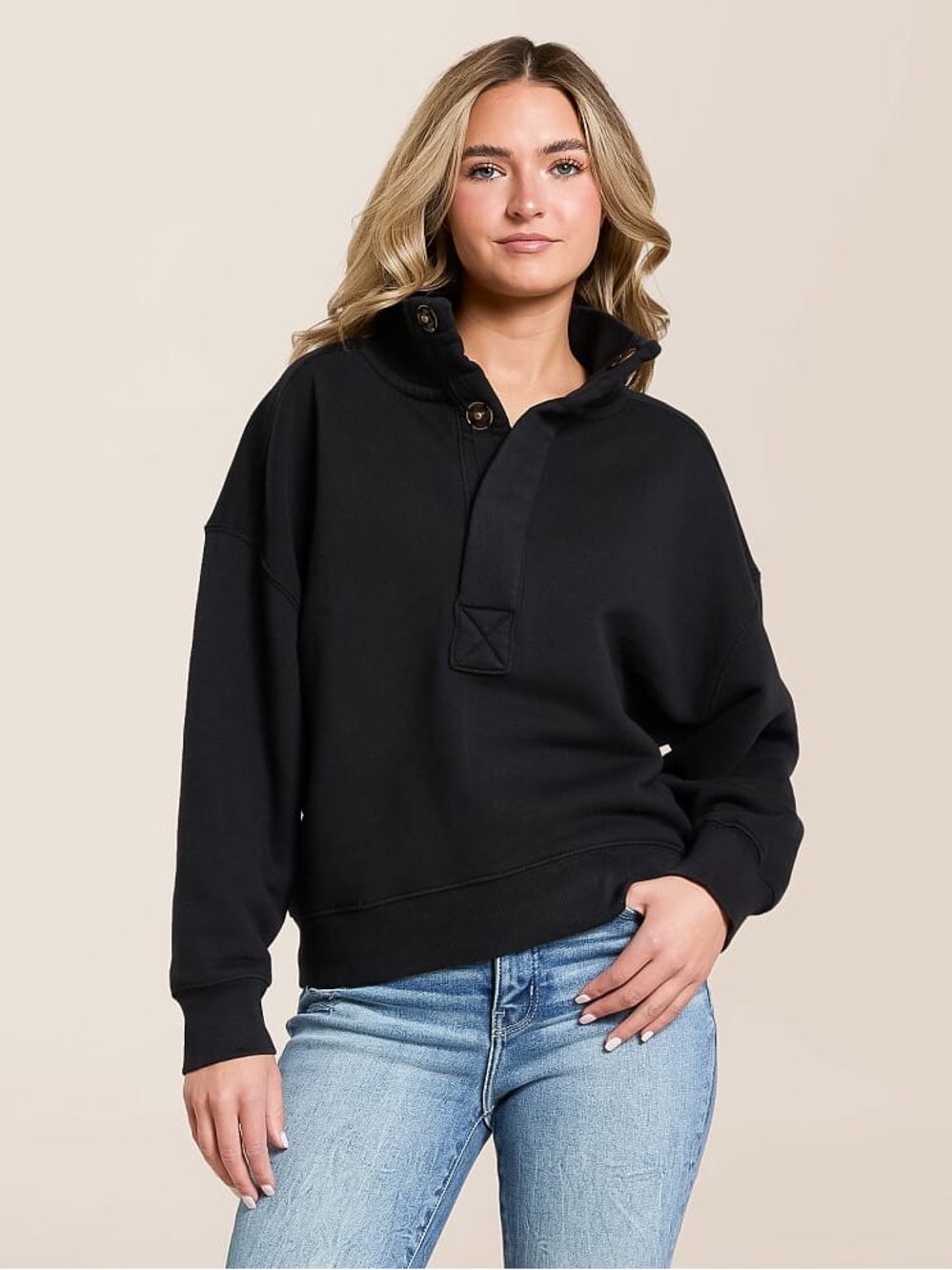 Free People Black Funnel Neck Pullover Sweatshirt women’s large quarter button